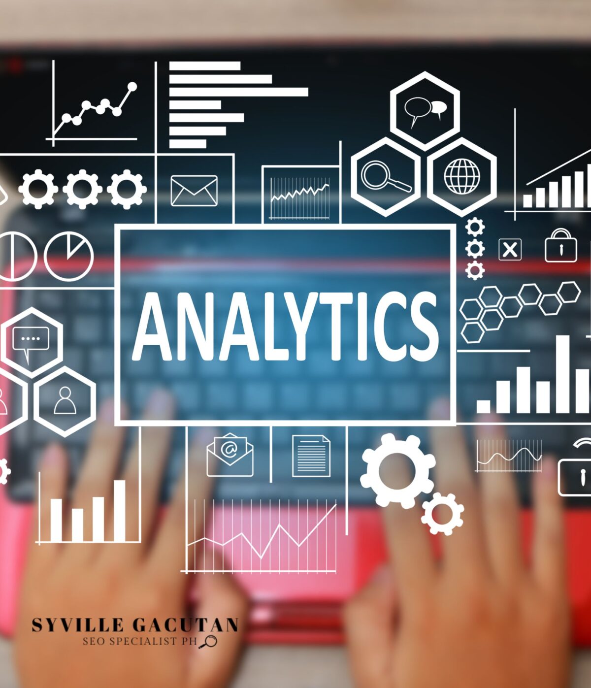 Hands over a keyboard with an "Analytics" graphic overlay.