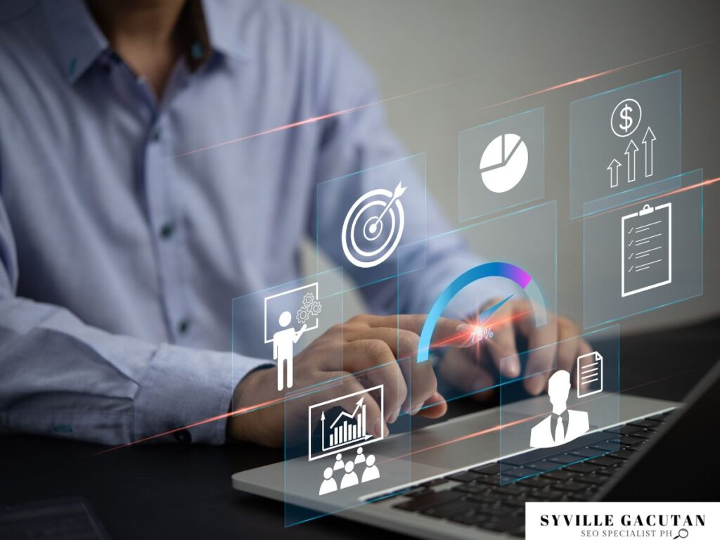 Professional using a laptop, digital graphs, and data icons.