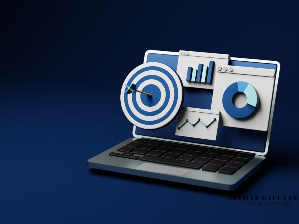 Laptop screen with 3D target and data charts, dark background.