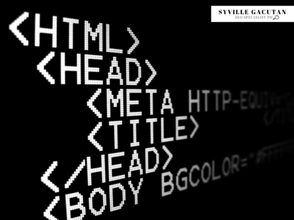 HTML code showing meta tags and header structure in white pixelated text on black background.