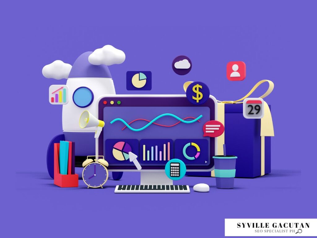 3D digital marketing icons on a purple background.