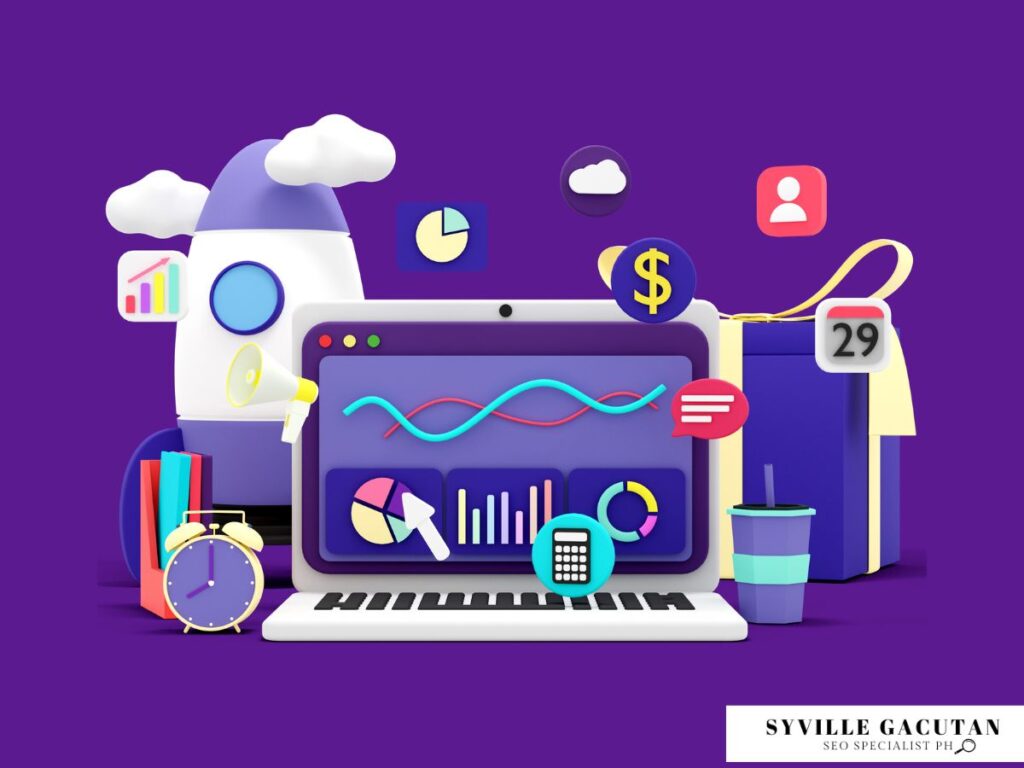 Cartoon-style graphic with analytics tools and graphs.