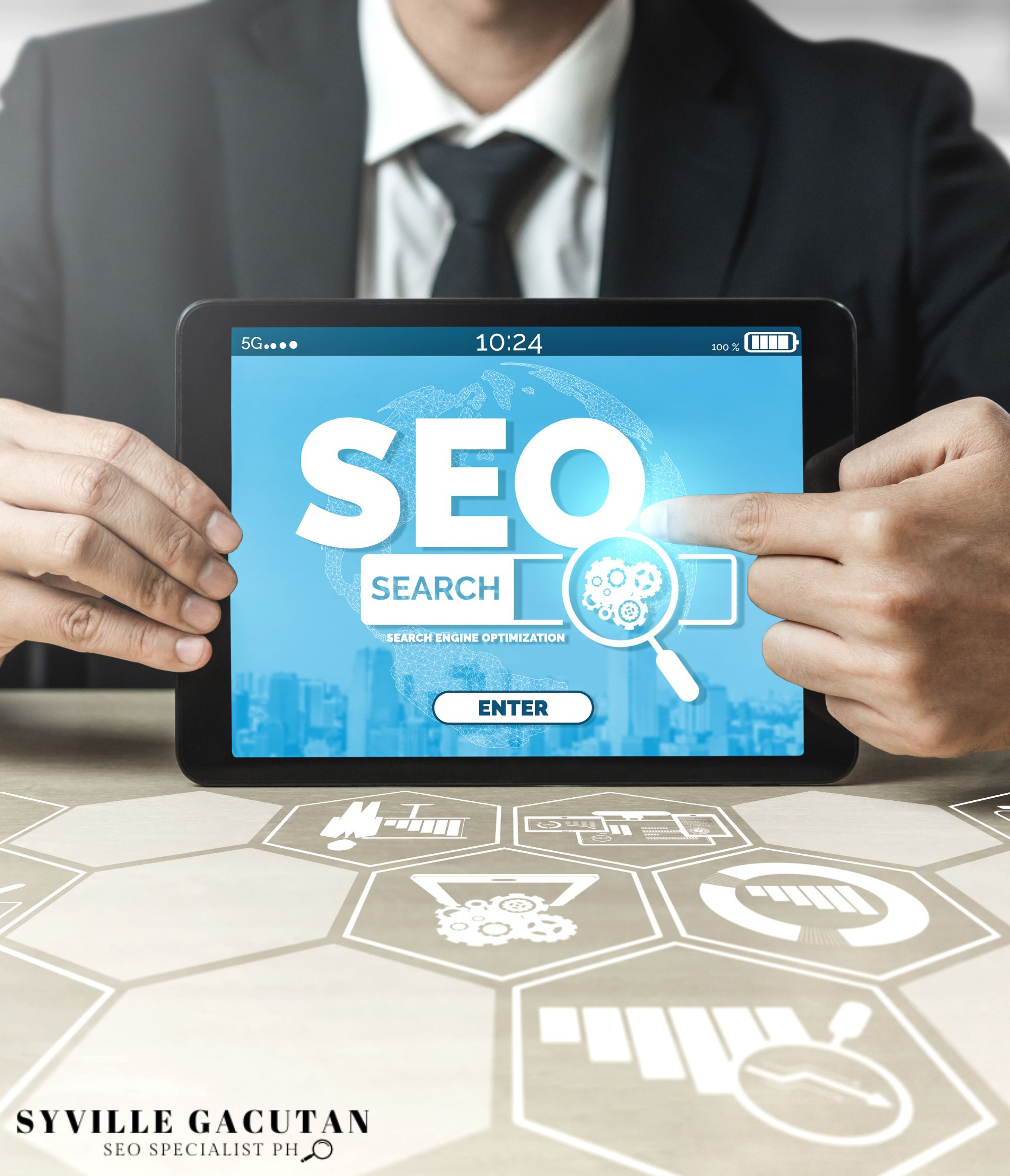 Person holding a tablet with a blue SEO search screen.