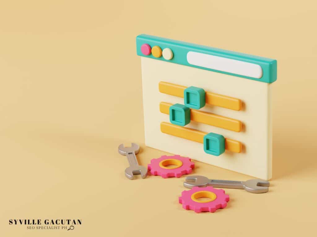 3D website settings illustration with gears and sliders.