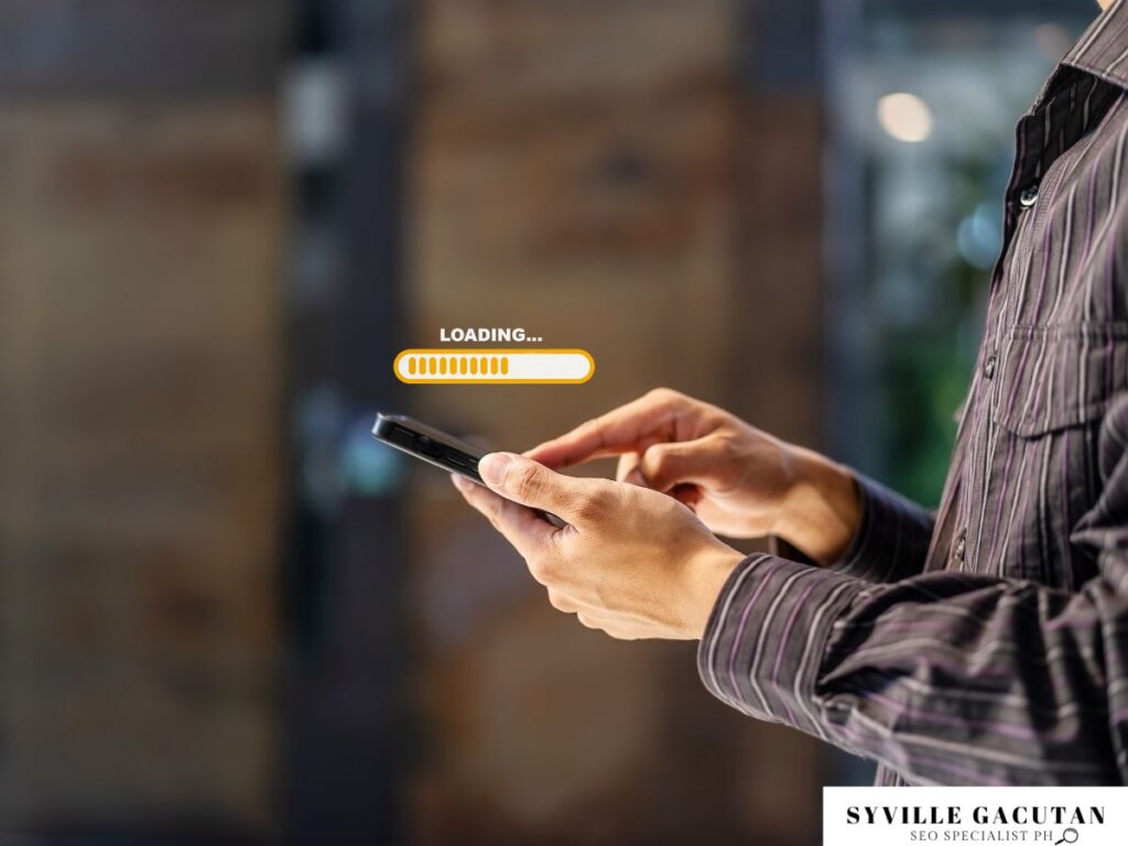 Person using smartphone with loading bar icon in foreground.