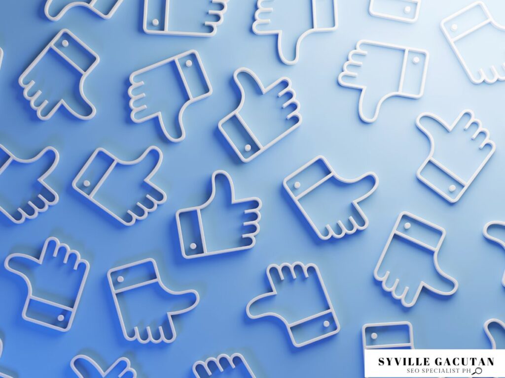 White thumbs-up icons scattered on blue gradient background.