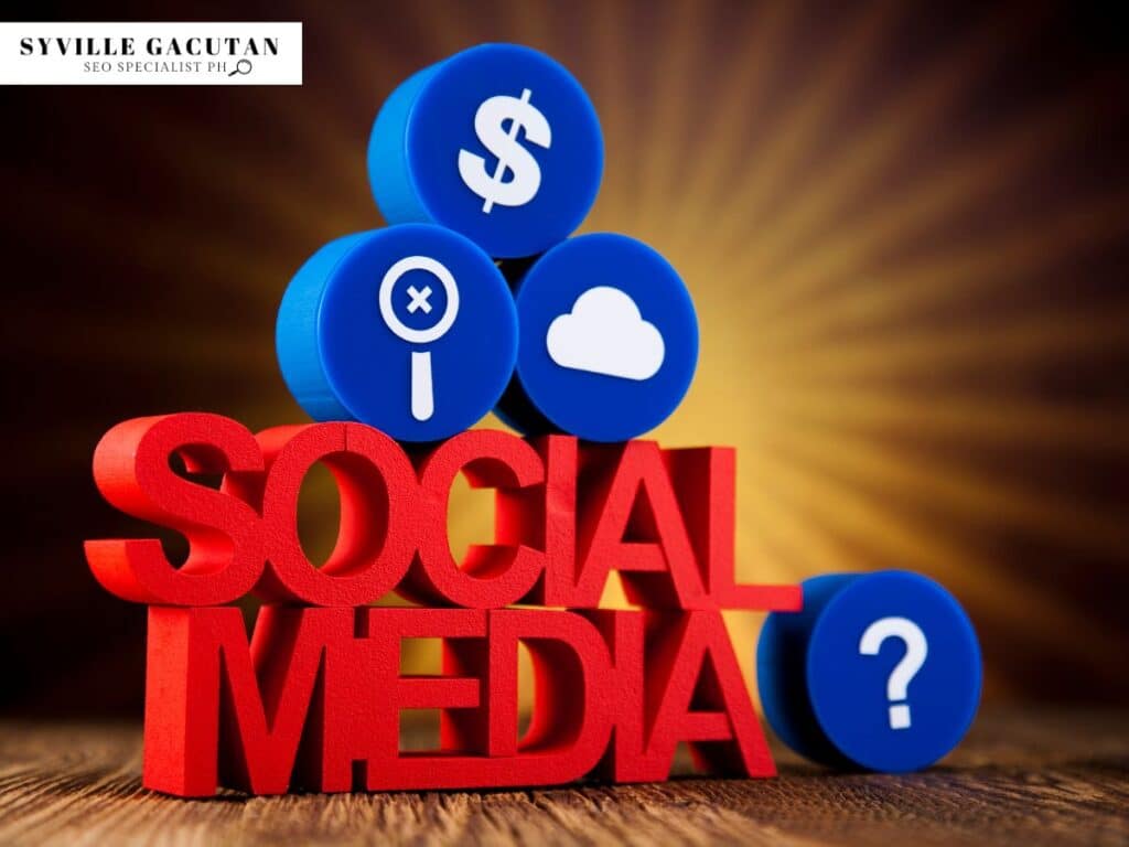 "SOCIAL MEDIA" text with blue icons for money, search, cloud, and question mark stacked above.