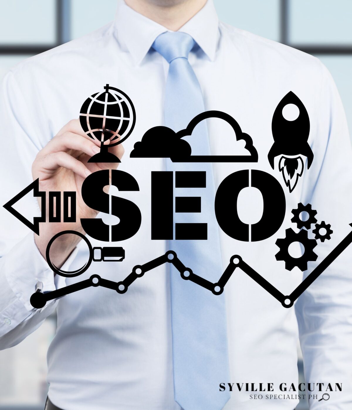 Man in suit with "SEO" icon and data symbols on transparent screen.