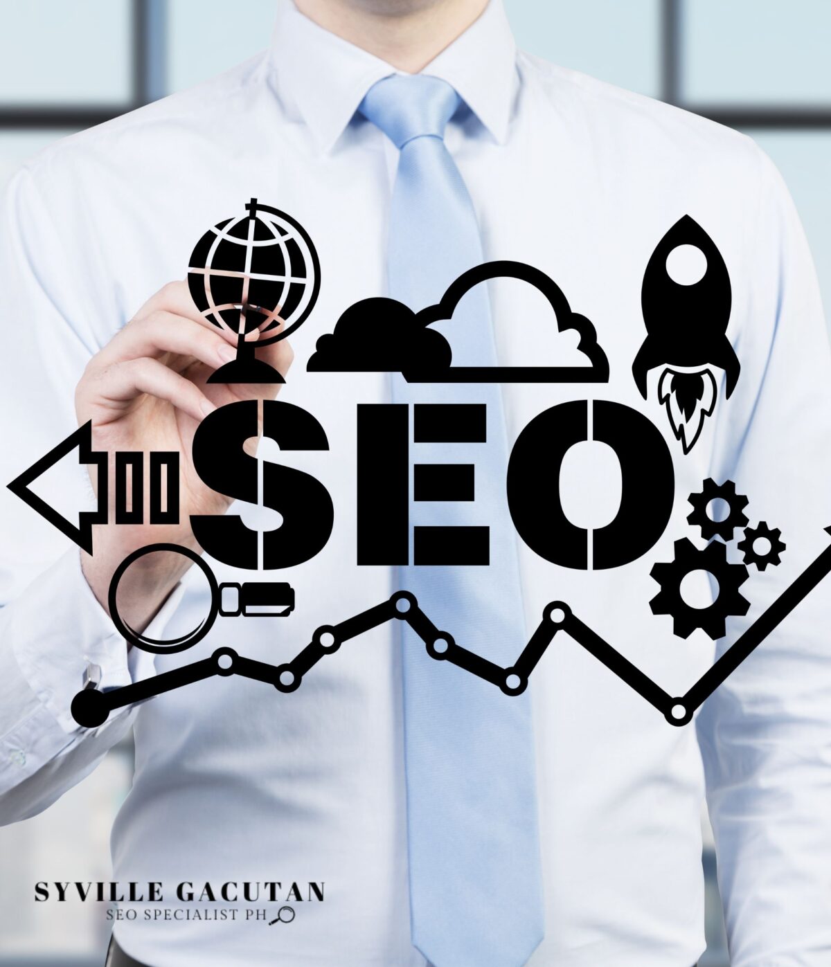 Professional drawing SEO icons on a virtual screen with growth chart.