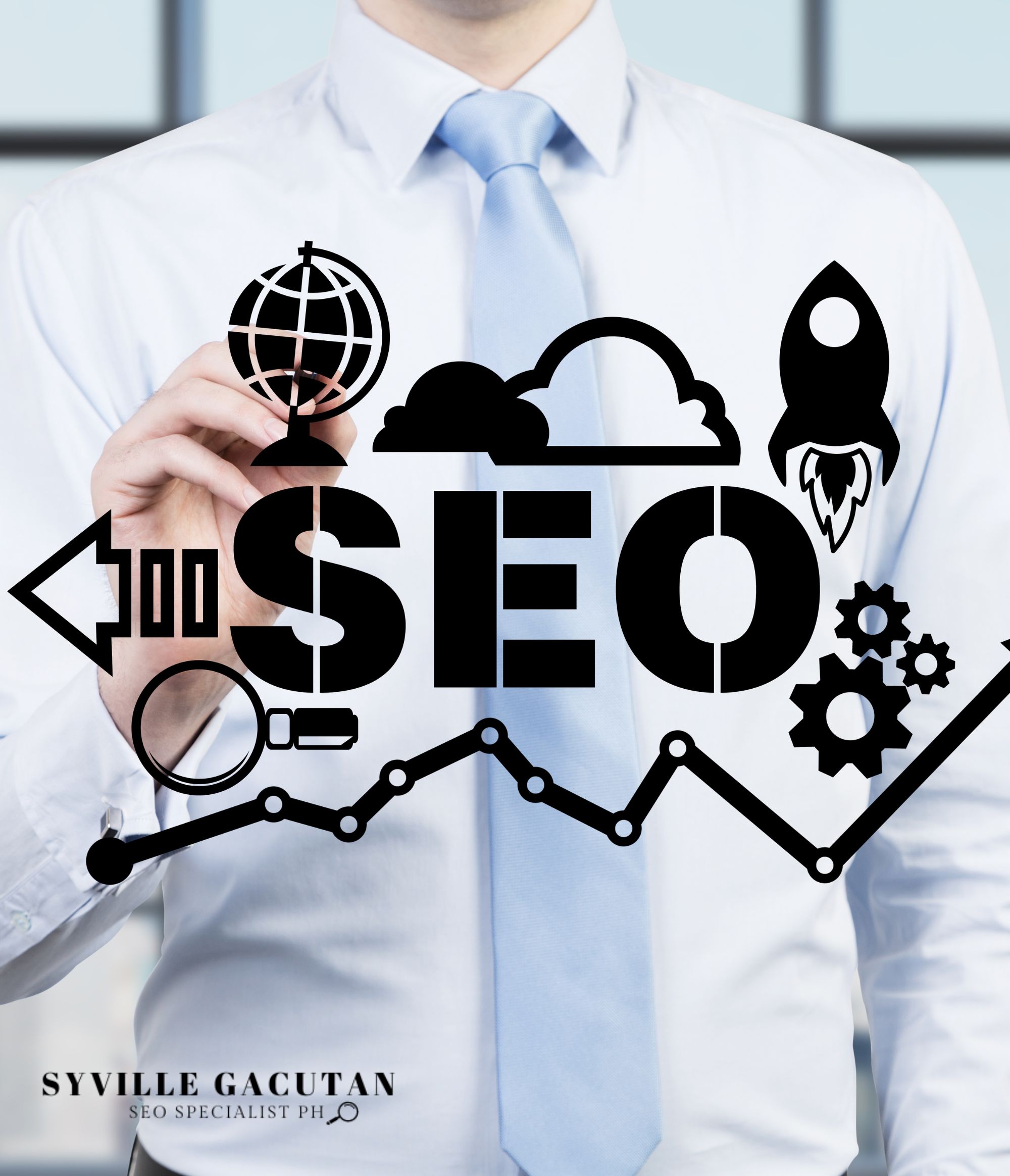 Professional drawing SEO icons on a virtual screen with growth chart.