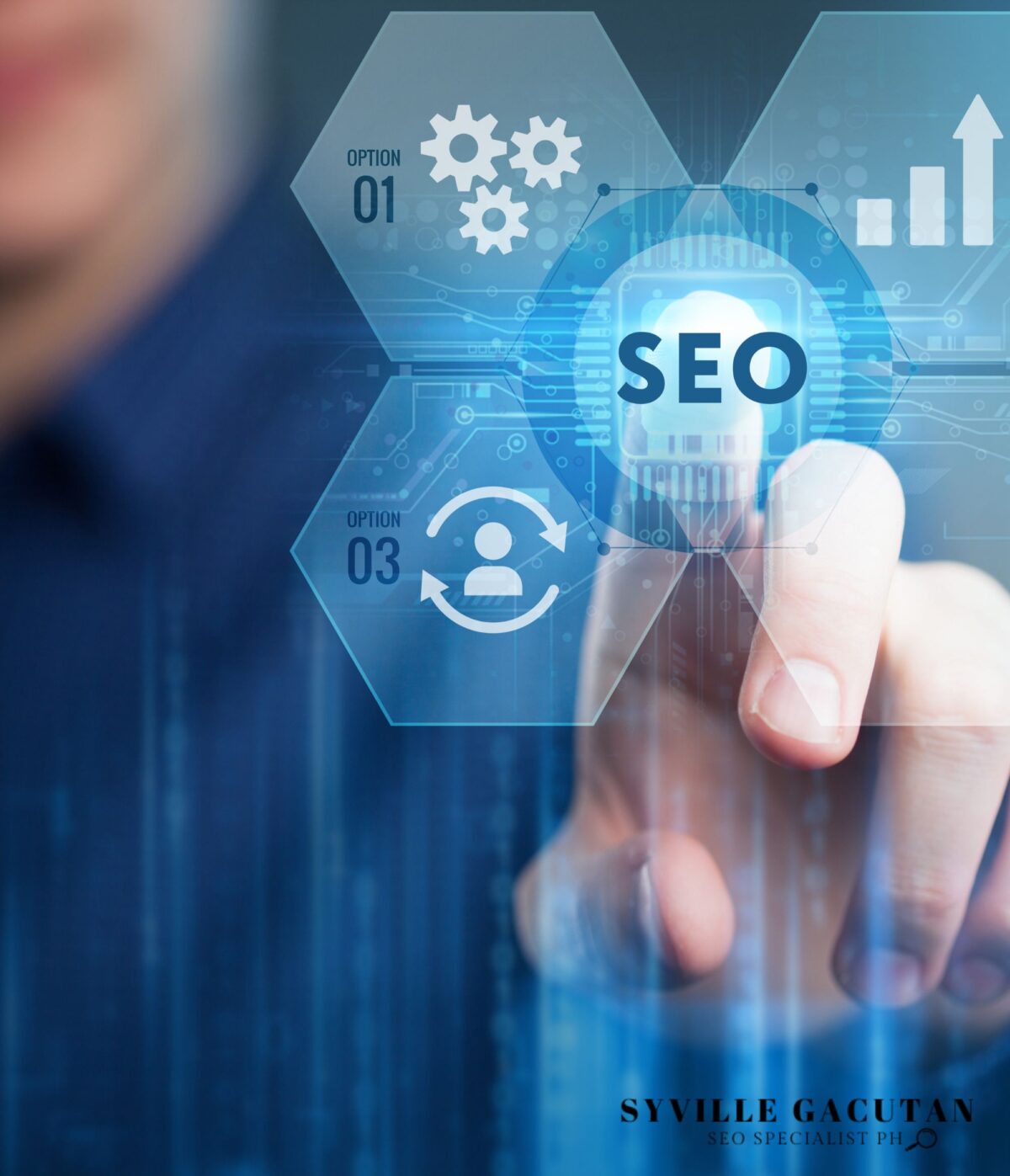 Finger pointing at "SEO" with options and metrics icons.