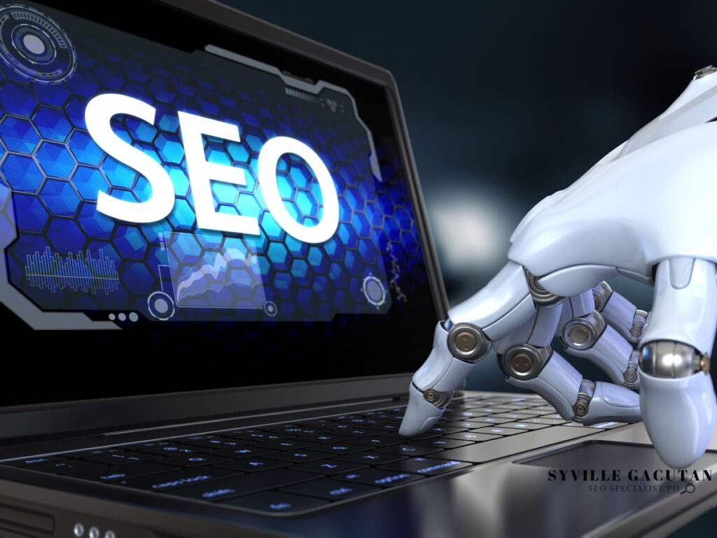 Robotic hand typing on a laptop displaying "SEO."