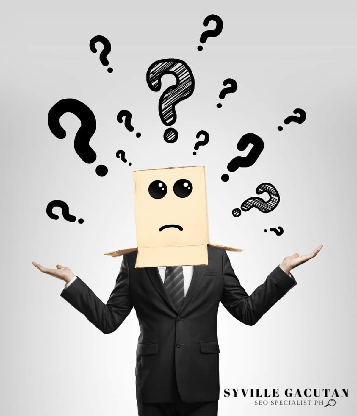 A person wearing a cardboard box mask with a sad face, surrounded by floating question marks.