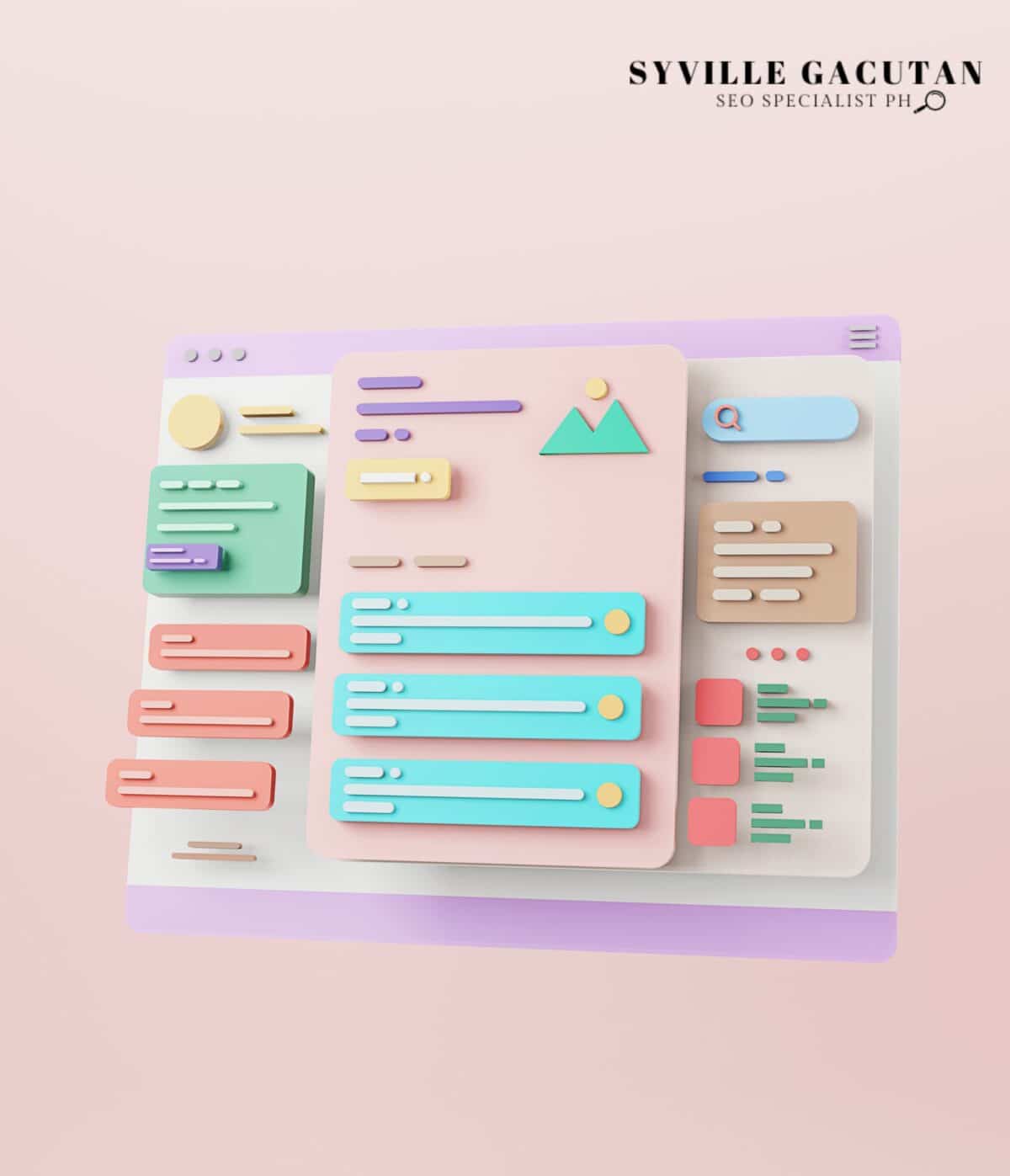 3D illustration of a website interface with pastel colors featuring UI elements and navigation bars.