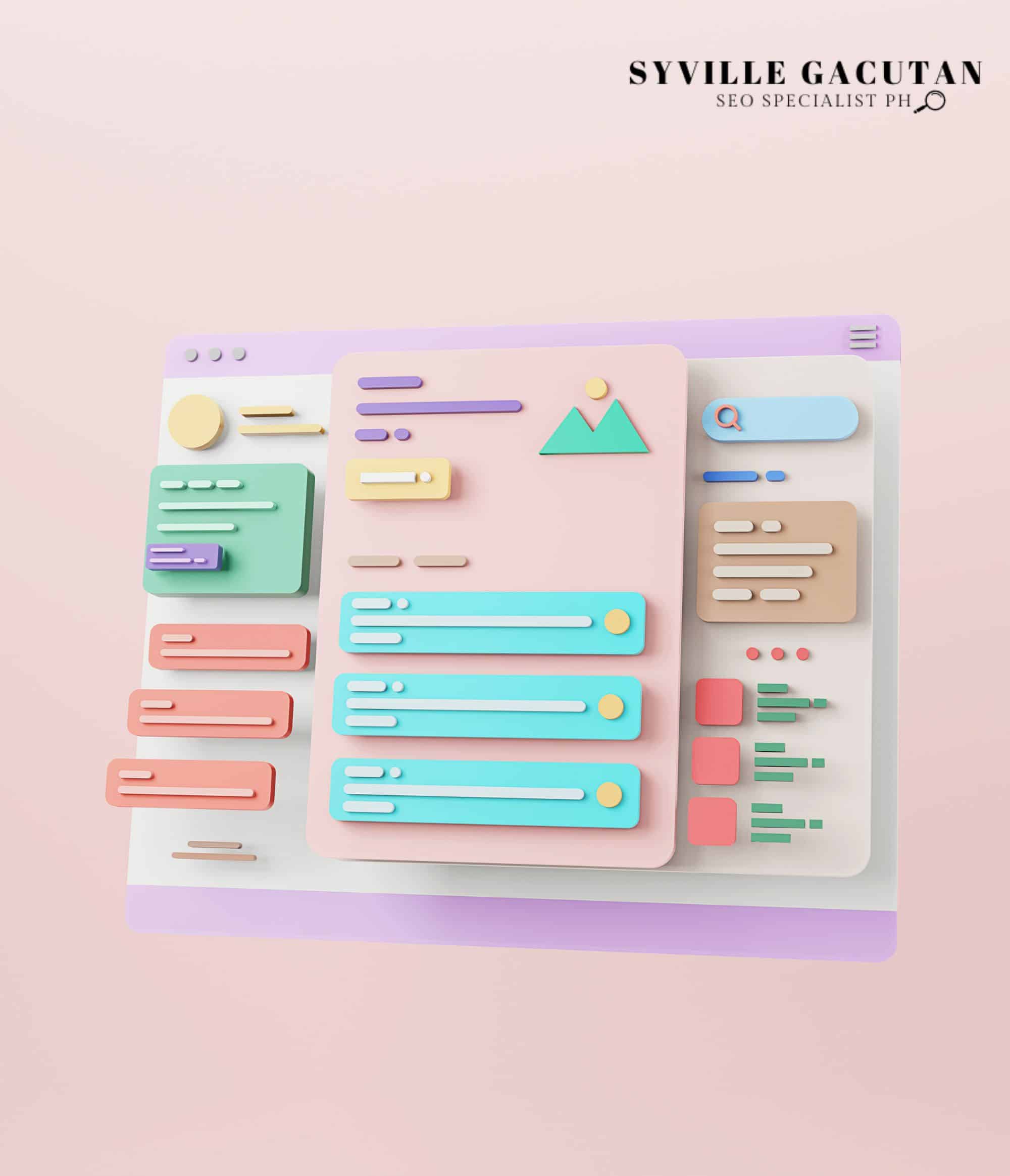 3D illustration of a website interface with pastel colors featuring UI elements and navigation bars.