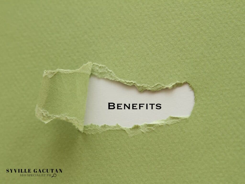 Green paper torn to reveal "BENEFITS" text in black against white background, minimalist design.