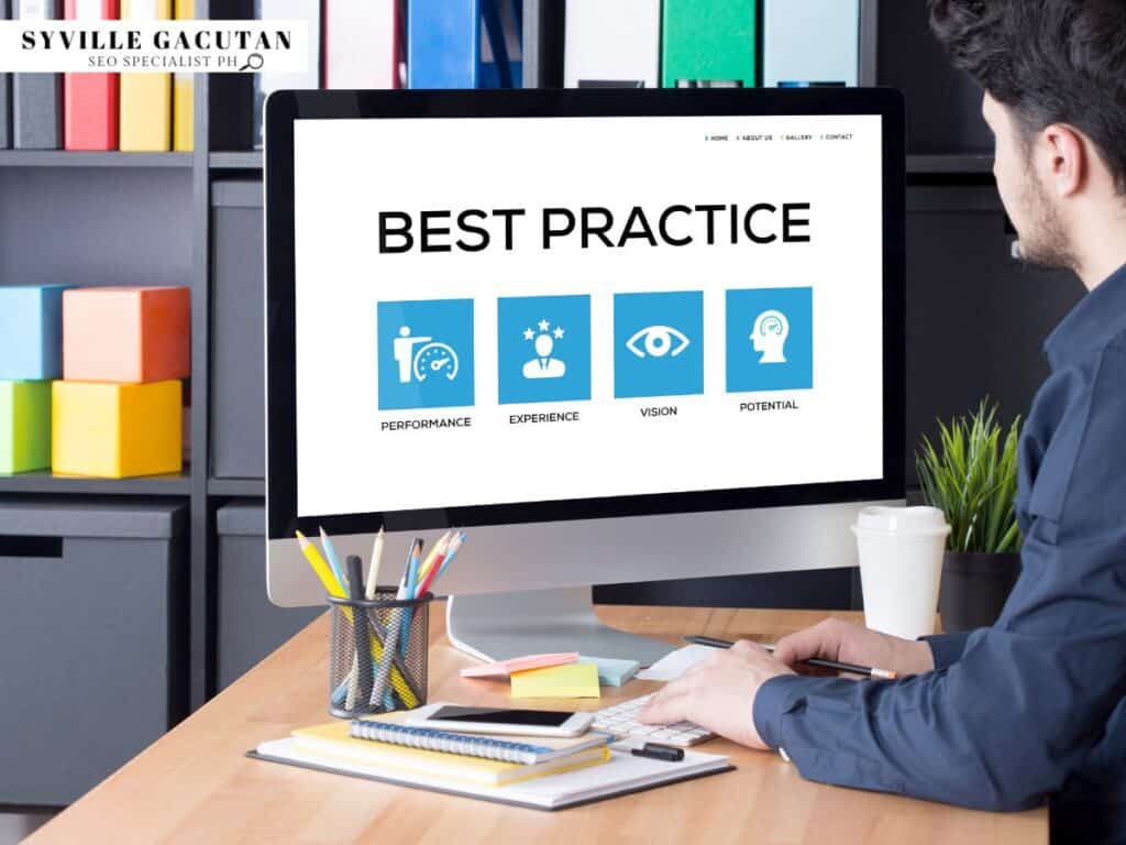 Computer screen shows "BEST PRACTICE" with icons for performance, experience, vision, and potential.