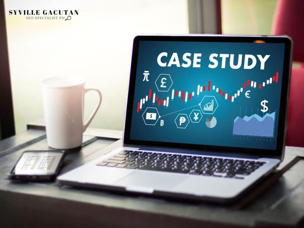 Laptop displaying "CASE STUDY" with financial charts and currency symbols on blue screen.