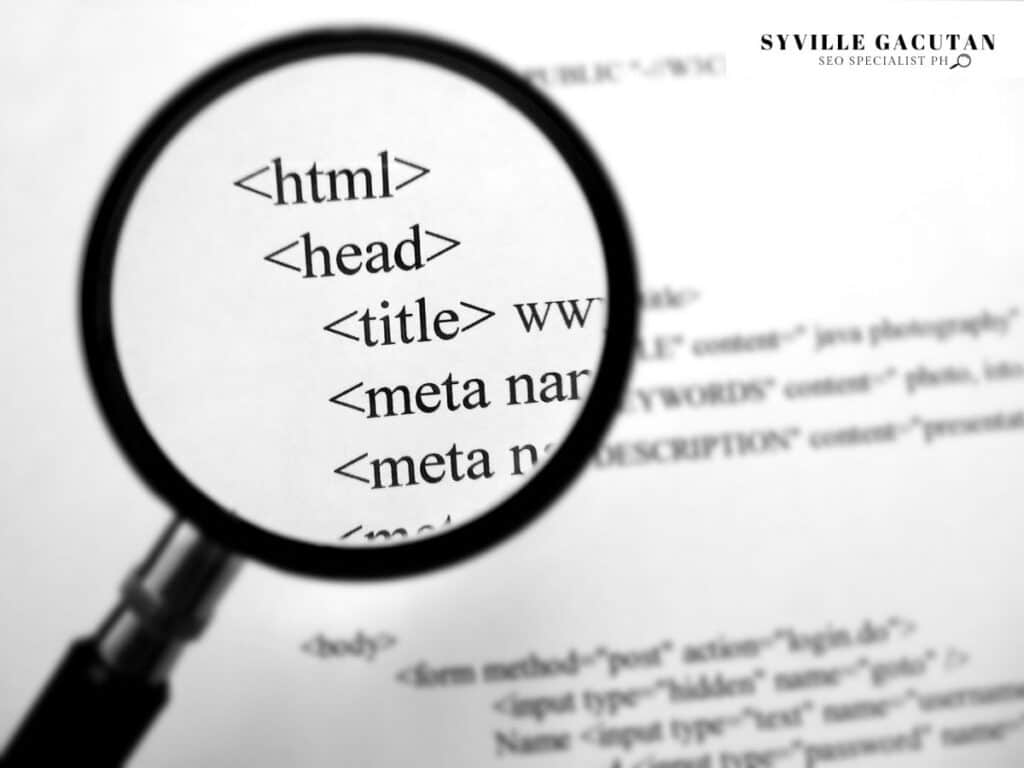 A magnifying glass over HTML code, showing focus on breadcrumbs.