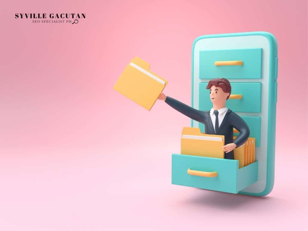 3D cartoon of businessman emerging from phone, handling folders in a filing cabinet drawer.