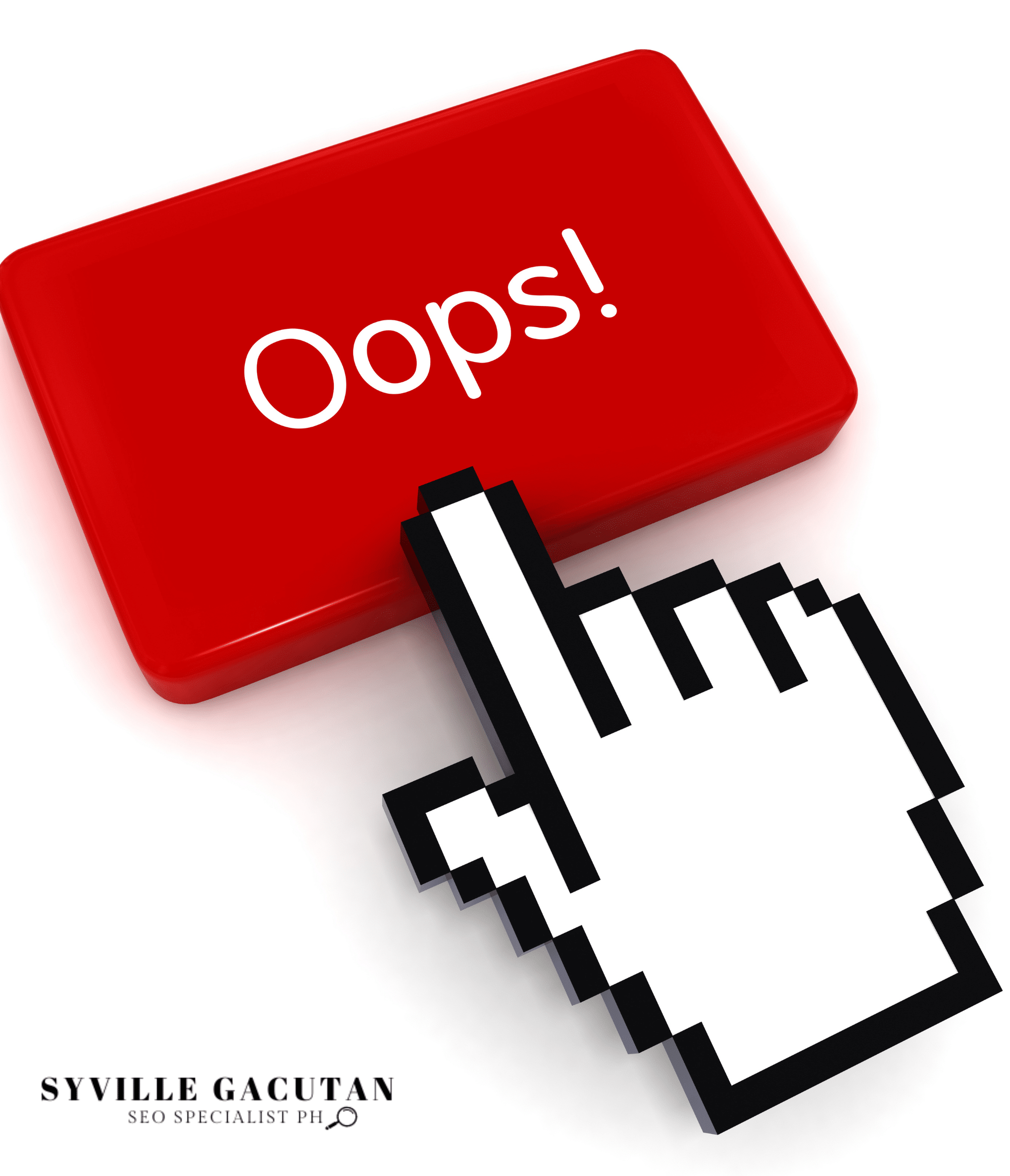 A red button with "Oops!" text and a pixelated cursor pointer icon.