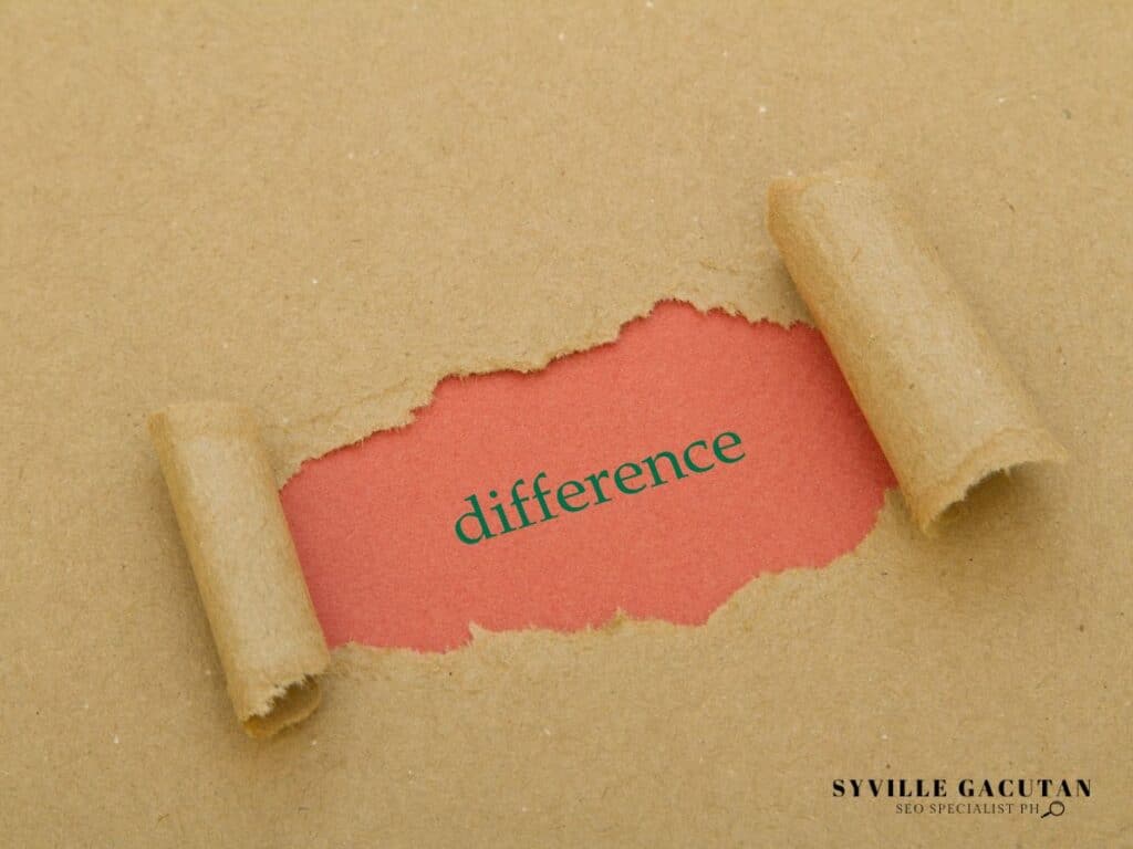 Brown paper torn to reveal word "difference" in green text on coral background.