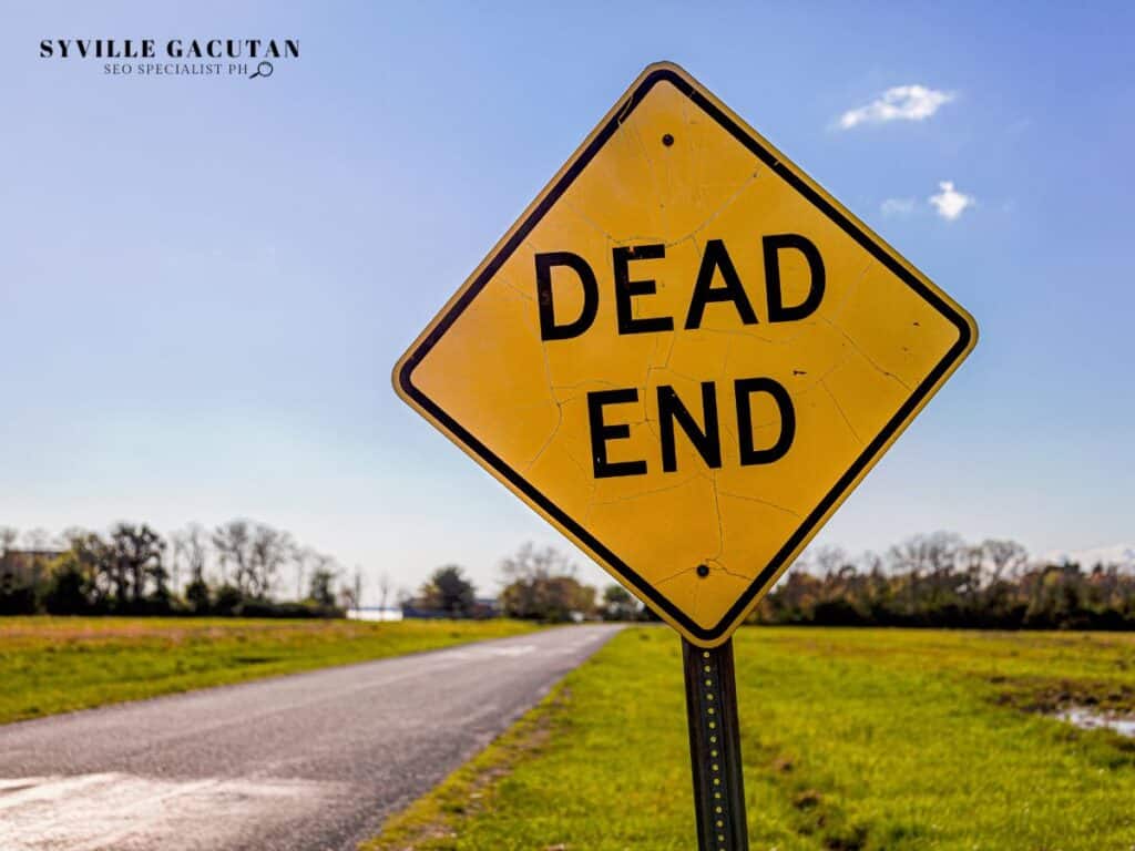 Yellow diamond-shaped "DEAD END" road sign on rural path with green grass background.