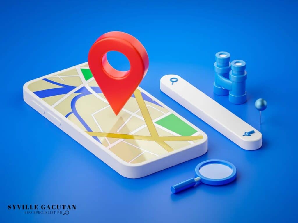A 3D red pin on a smartphone map interface with blue background.