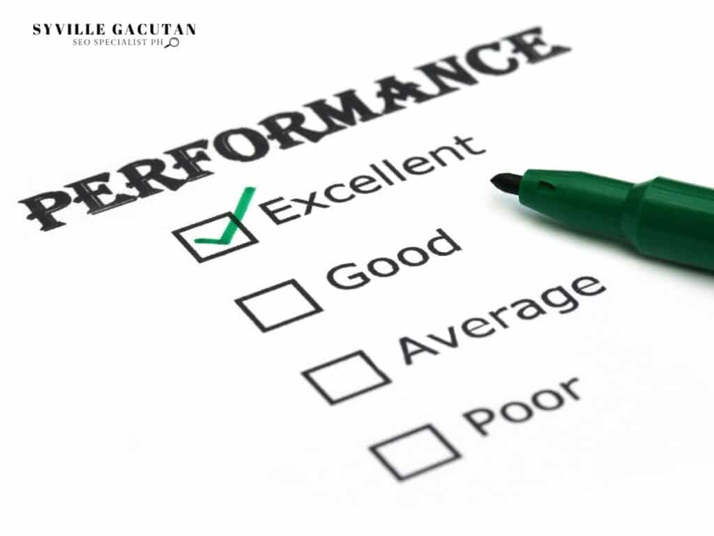 Performance evaluation form with "Excellent" checked in green marker.