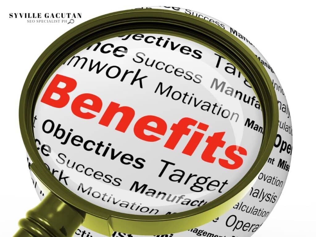 Magnifying glass focusing on red "Benefits" text surrounded by business terms.