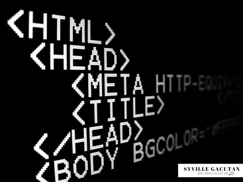 Monochrome display of HTML structure showing tags like HEAD, META, TITLE, and BODY.