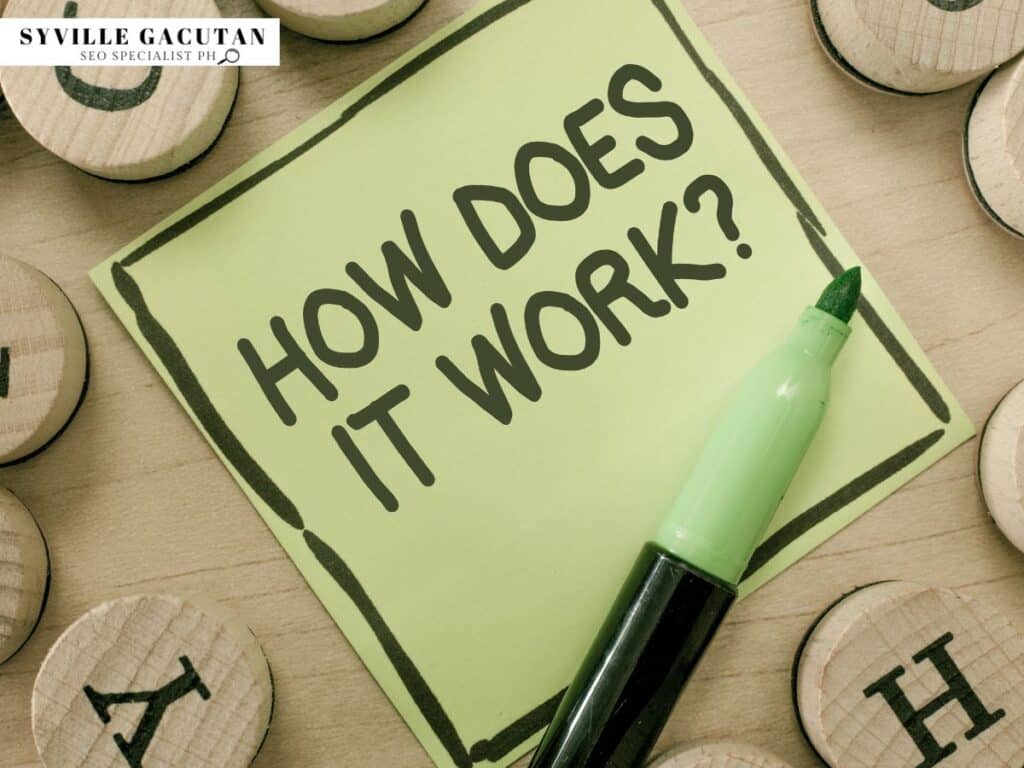 Yellow sticky note with "HOW DOES IT WORK?" text and marker on wooden surface with letter tokens.