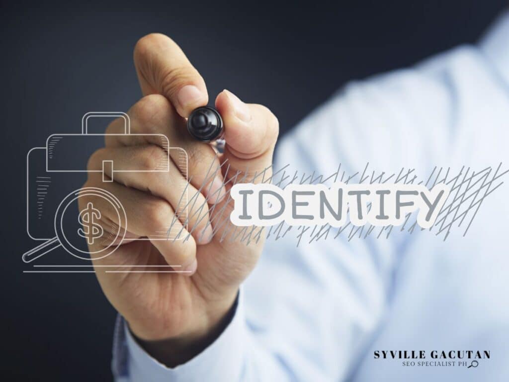 Hand writing "IDENTIFY" with a marker, alongside a sketched briefcase and dollar sign icon.