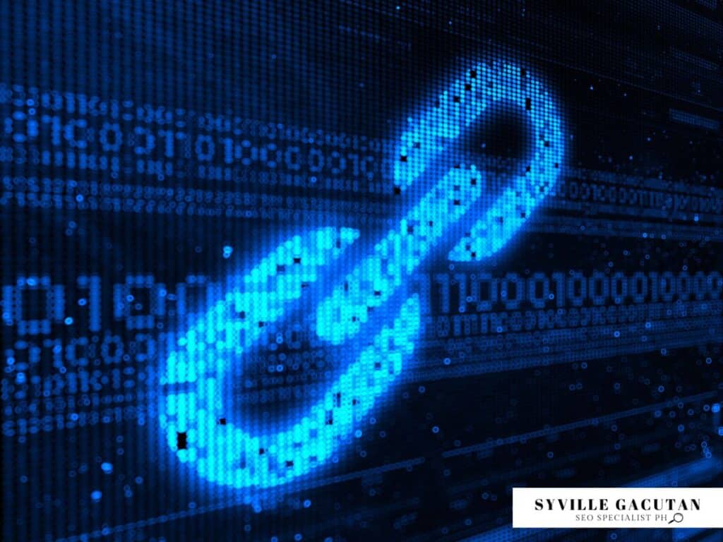 A glowing blue digital chain link on a binary code background.