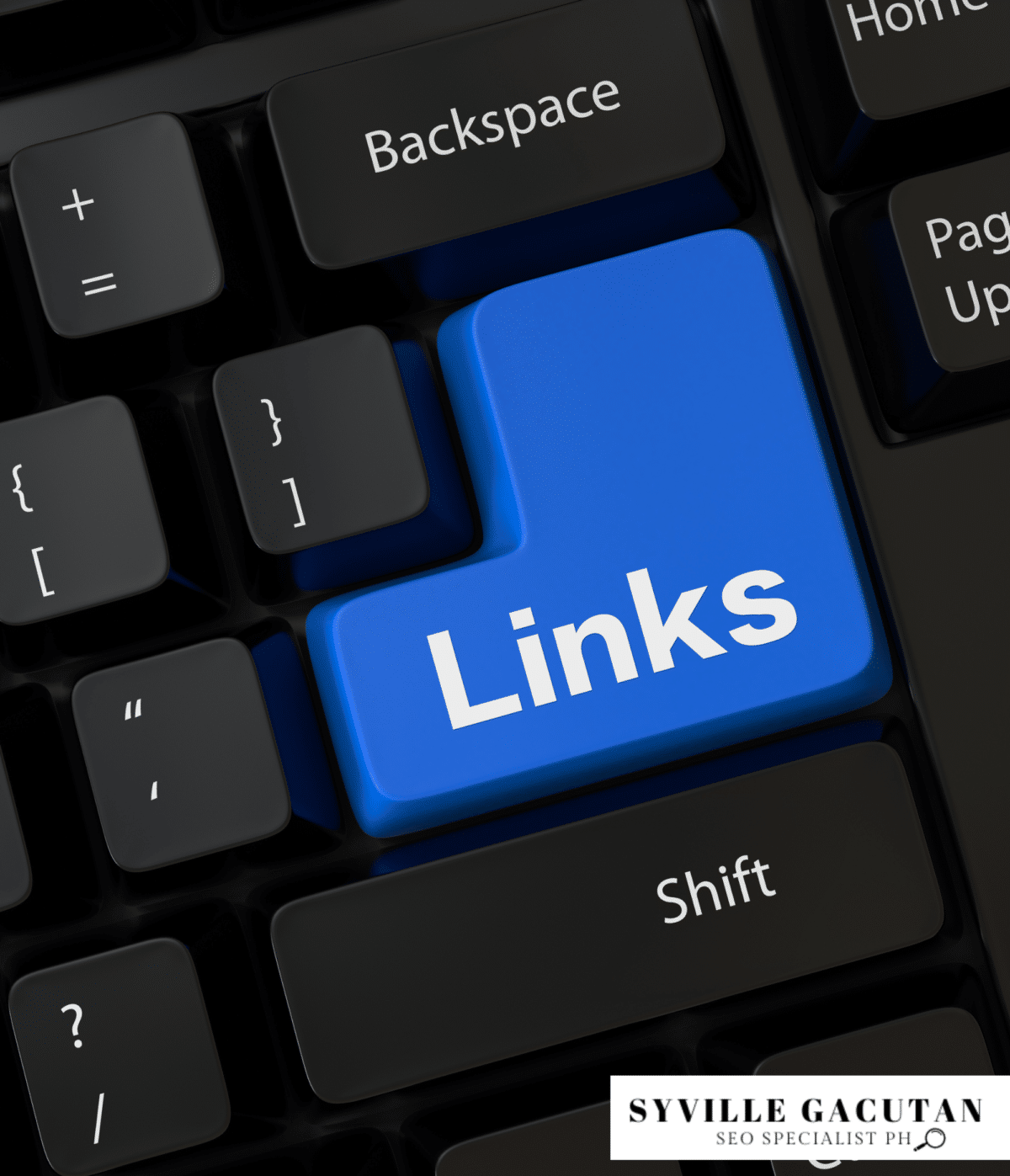 Close-up of keyboard with bright blue "Links" key among black keys.