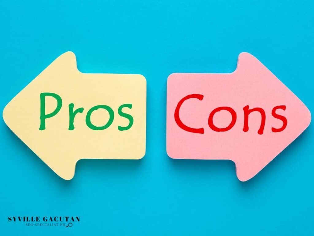 Yellow "Pros" and pink "Cons" arrow signs on bright blue background.