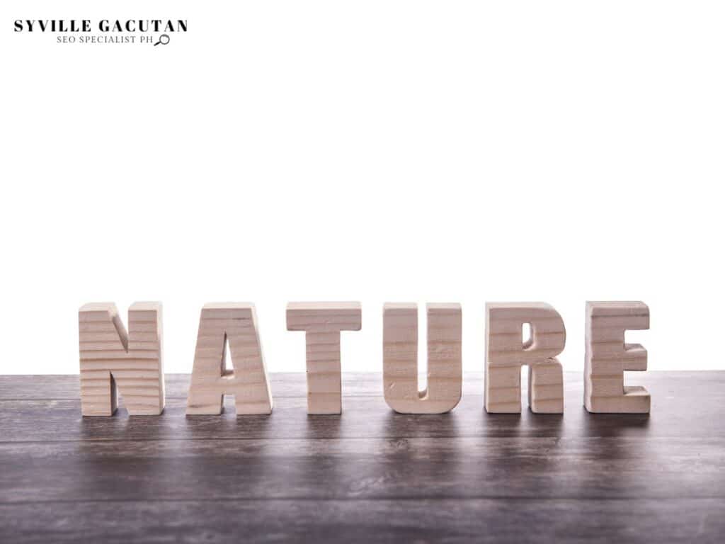 Wooden block letters spelling "NATURE" on dark surface.