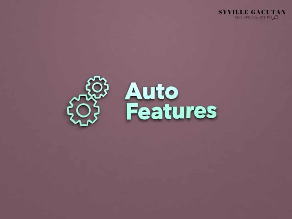 "Auto Features" text with gear icons in mint green on mauve background.