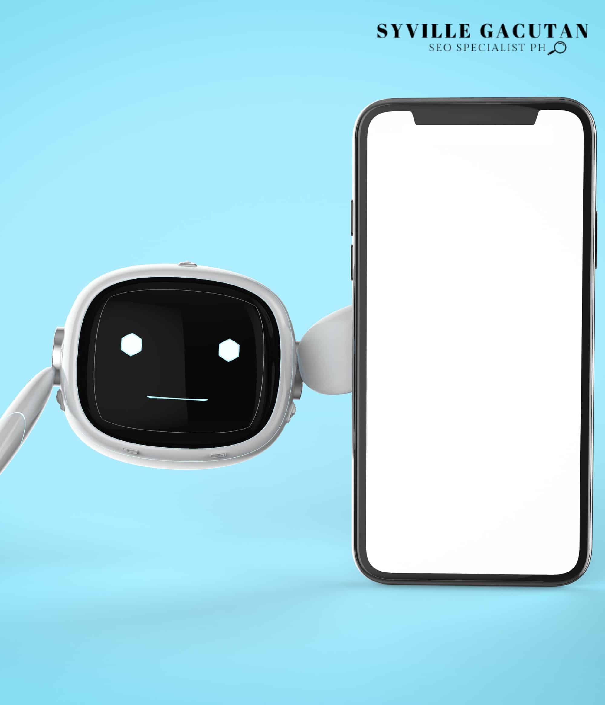 A robot head with hexagonal eyes next to a blank iPhone mockup on a light blue background.