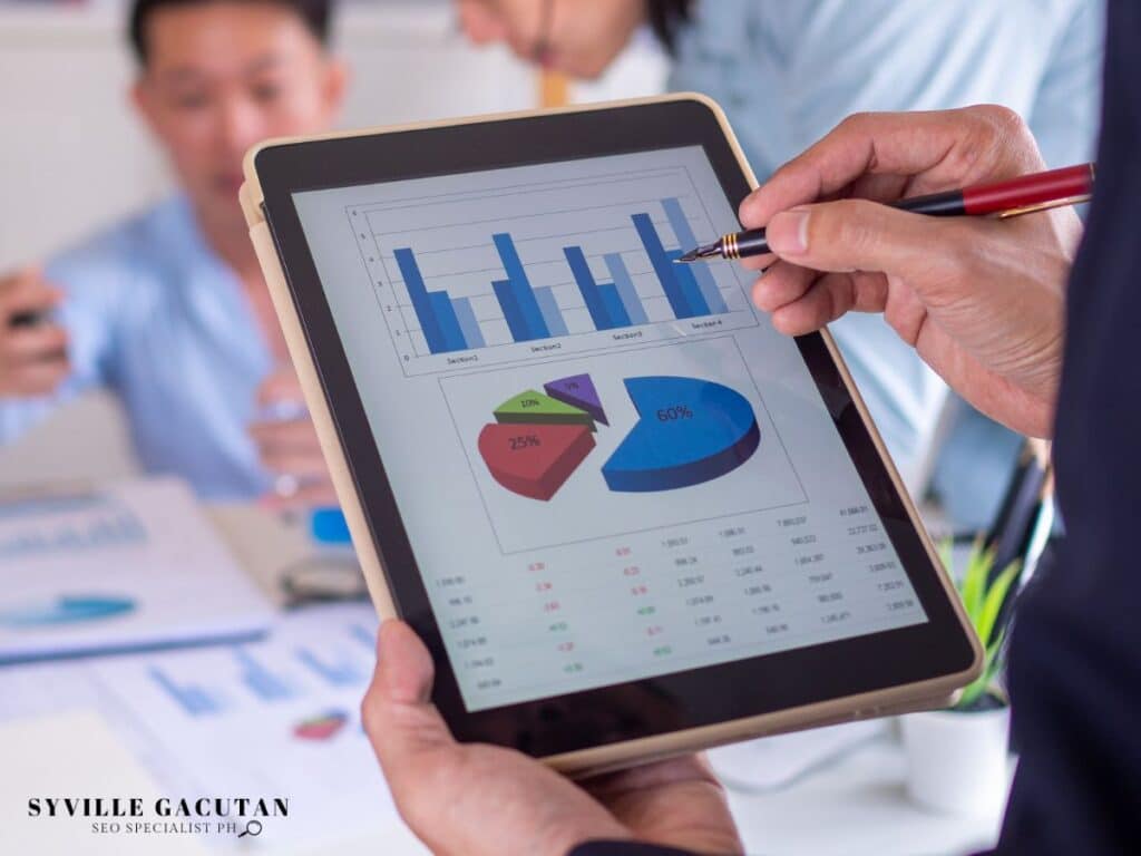 Tablet displaying business analytics with bar graph and pie chart.