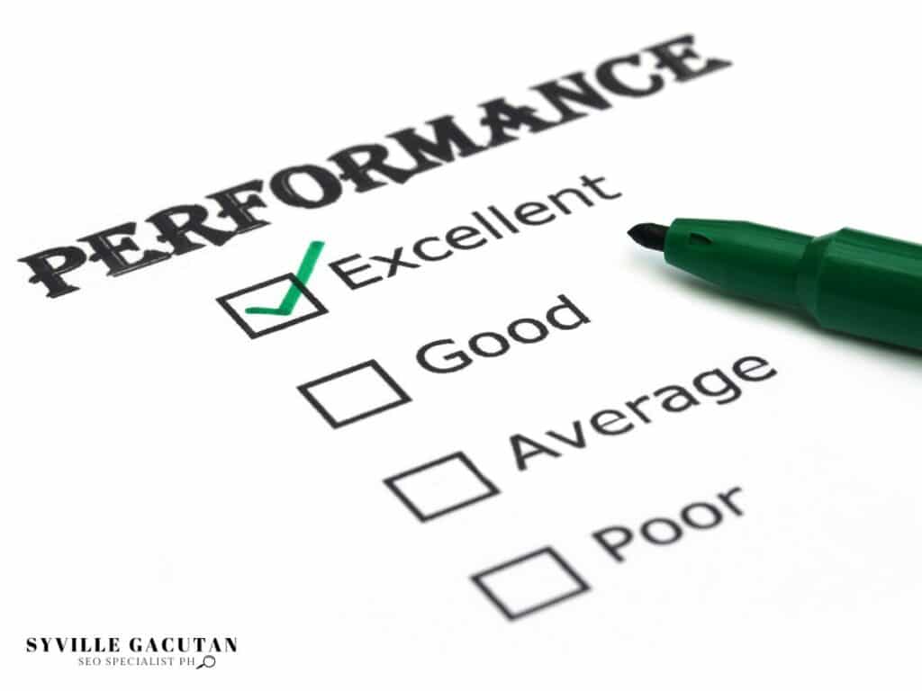Performance evaluation form with "Excellent" checked in green marker, showing top rating.