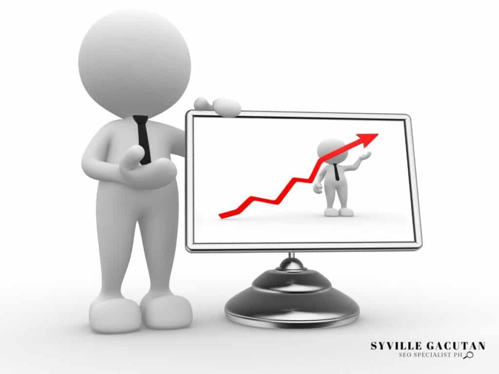 3D figure in tie presents upward trending graph on display screen showing business growth concept.