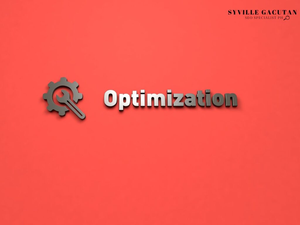 "Optimization" text with gear icon on coral background, simple 3D design.