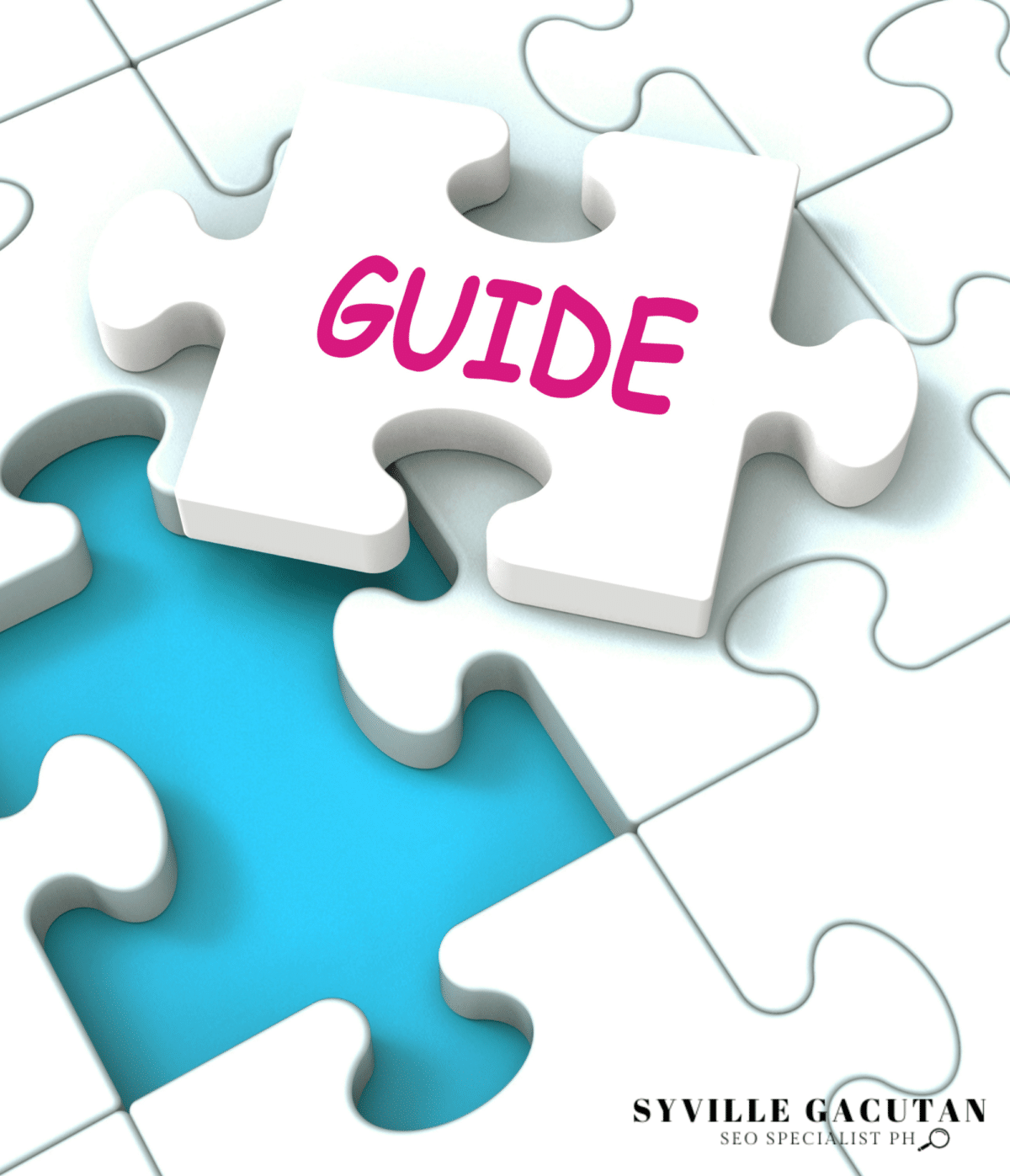 A white jigsaw puzzle piece with "GUIDE" in pink text on a turquoise background.