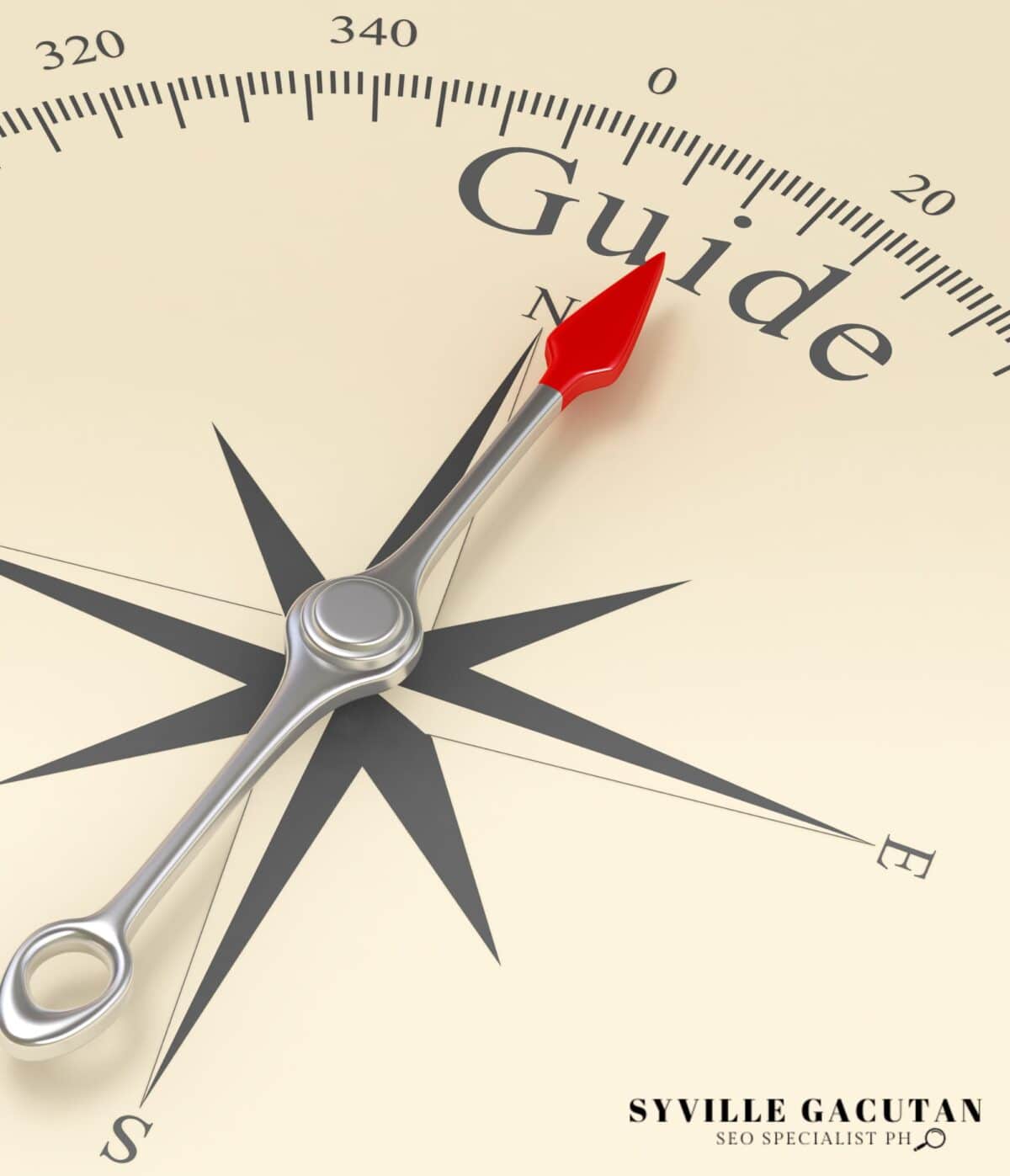 A compass design with "Guide" text, featuring a silver needle pointing north on a cream background.