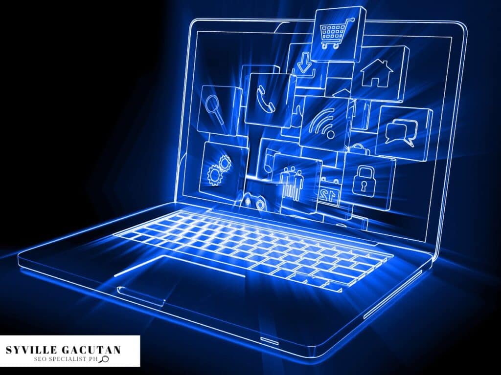 Neon blue holographic laptop with glowing app icons floating above keyboard.