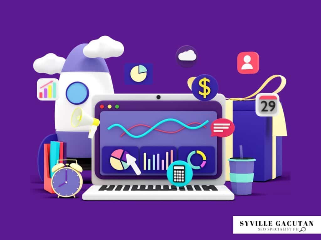 3D illustration of laptop with analytics dashboard, charts, and business icons on purple background.