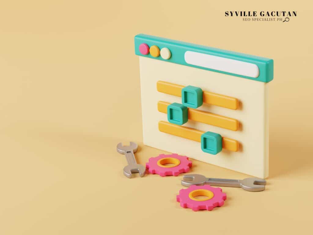 3D interface with turquoise and yellow sliders, pink gears and gray wrenches on beige background.