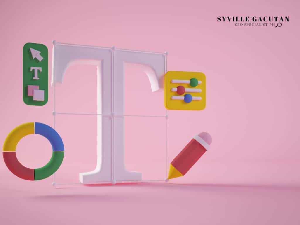 3D letter "T" with colorful icons and tools on pink background, tech design concept.