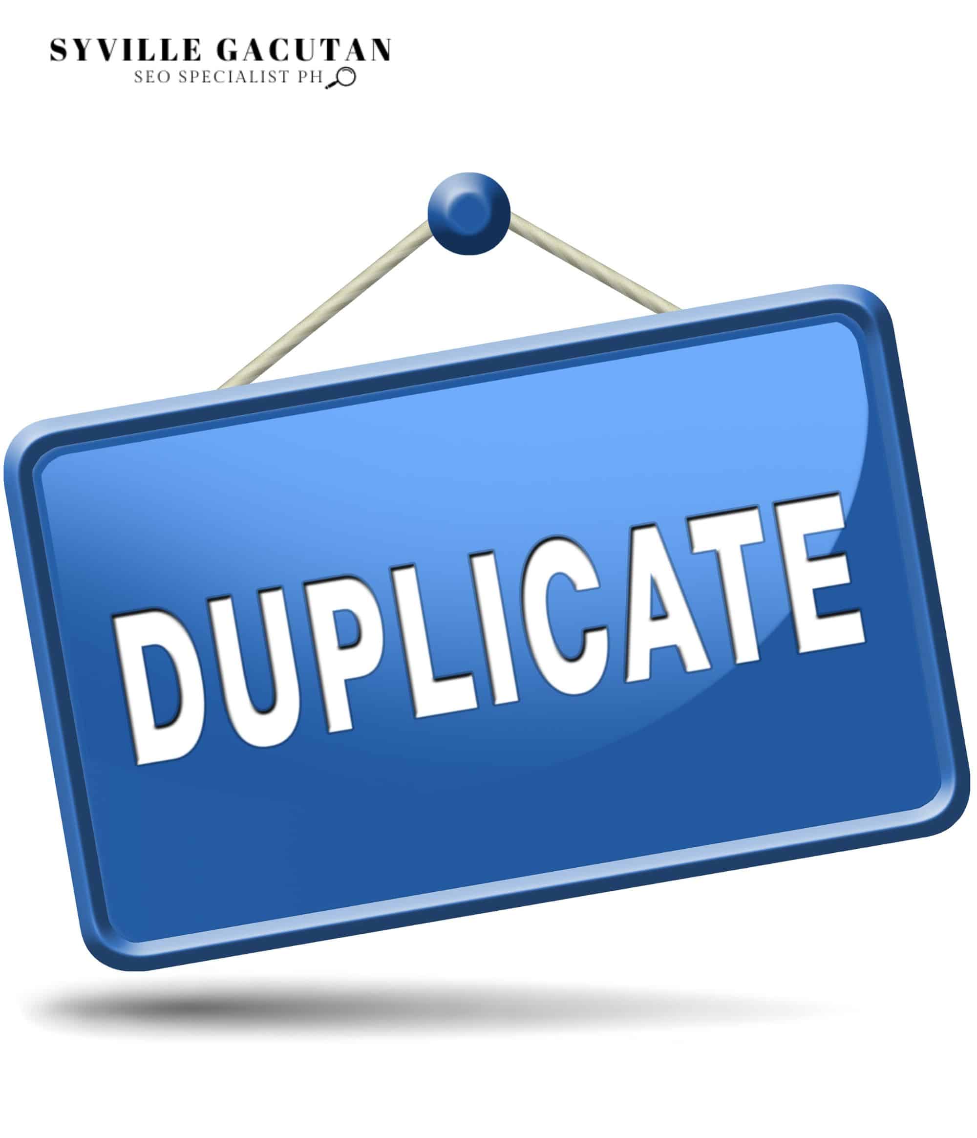 A blue sign with the word "DUPLICATE" hanging on a rope.
